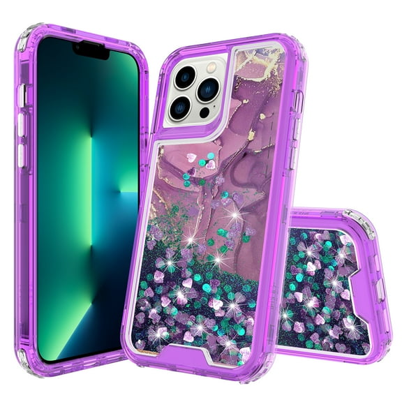 iPhone 13 Pro Max Case, Rosebono 3in1 Hybird Graphic Designed Gradient Quicksand Glitter Liquid Floating with Frame Bumper Protective Armor Case iPhone 13 Pro Max (Purple Marble)