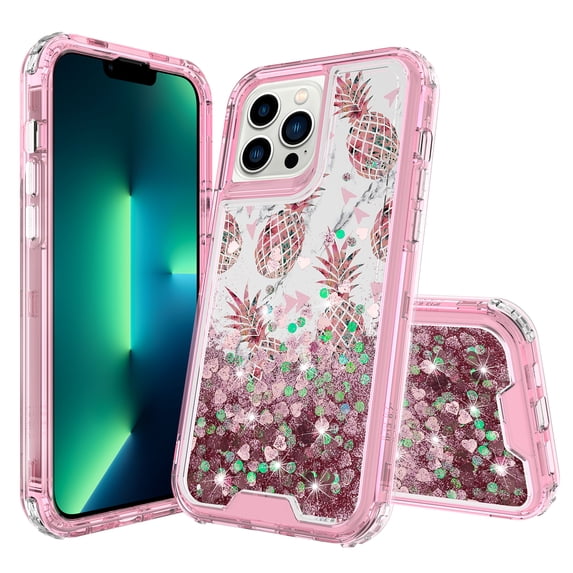 iPhone 13 Pro Max Case, Rosebono 3in1 Hybird Graphic Gradient Quicksand Glitter Liquid Floating with Frame Bumper Protective Armor Case iPhone 13 Pro Max (Marble Pineapple)