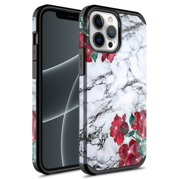 Rosebono Shockproof Hard Cover Cell Phone Case for iPhone 13 Pro Max, Rose Marble