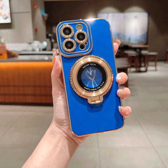 for iPhone 13 Pro Max Case with Rotatable Ring Holder Stand, Luxury Plating Thin Camera Lens Protector Hybrid Shockproof Scratch-Resistant Protective Mobile Phone Case for iPhone 13 Pro Max, Blue