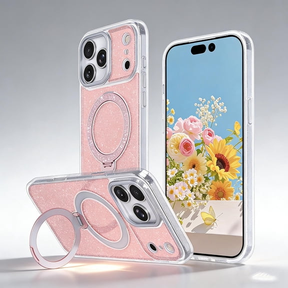 for iPhone 13 Pro Max Case with Rotatable Ring Stand, Magnetic Compatible with Mag-Safe, Military Grade Drop Protection Shockproof Rugged Glitter Phone Case for iPhone 13 Pro Max, Pink