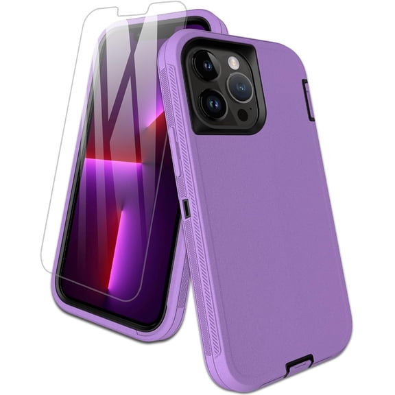for iPhone 13 Pro Max Case, with Screen Protector, Dust-Proof Port Cover, Full-Body Non-Slip Silicone Rubber Covered, Military Grade Drop-Proof Shockproof Phone Case, Black/Purple