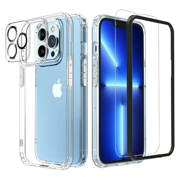 iPhone 13 Pro Max Case Set of 6：1 Clear Case 2 Tempered Glass Screen Protectors 2 Camera Lens Protectors 1 Screen Protector Install Guidance Frame Anti-yellow Military Grade Drop Protection 6.7 Inch