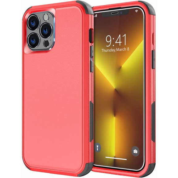 for iPhone 13 Pro Max Case [Shockproof] [Dropproof] [Tempered Glass Screen Protector + Camera Lens Protector],Heavy Duty Protection Phone Case Cover for Apple iPhone 13 Pro Max (Red)