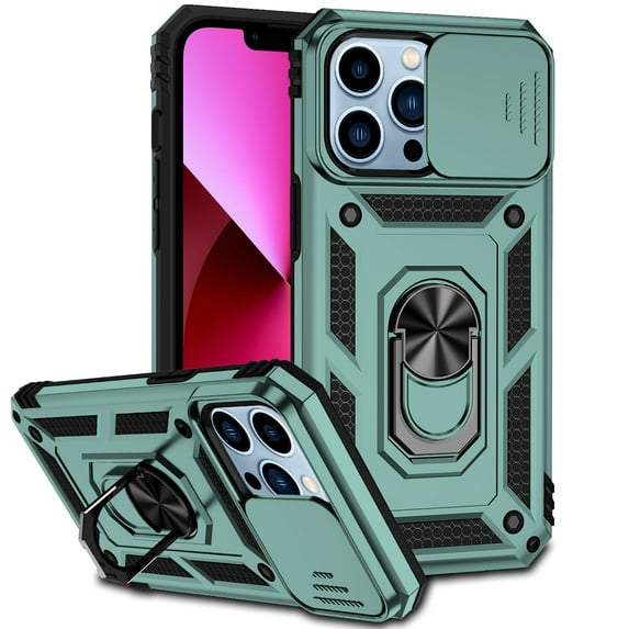 for iPhone 13 Pro Max Case, Soft TPU & Hard PC Anti-scratch Sliding Cover Full Protection Ring Stand Rotating Kickstand Holder Magnetic Shockproof Phone Case Cover for iPhone 13 Pro Max, Darkgreen