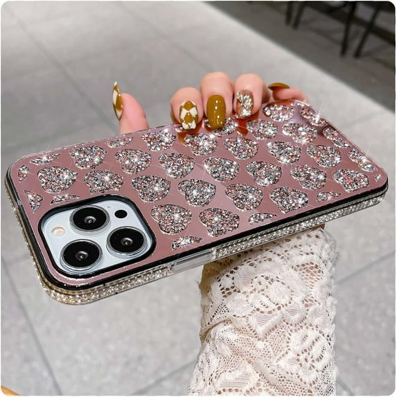 iPhone 13 Pro Max Case, Sparkle Glitter Shiny Diamond Mirror case, Luxury Bling Rhinestone Cute Heart Design, Hard PC + Soft TPU Protective Case Cover for Women Girls(Pink)