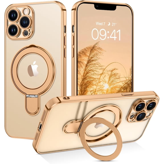 for iPhone 13 Pro Max Case with Stand, Magnetic Clear Cases Plating Edge Invisible Ring Holder Slim Shockproof Protective Foldable Kickstand Phone Case for iPhone 13 Pro Max 6.7'', Golden