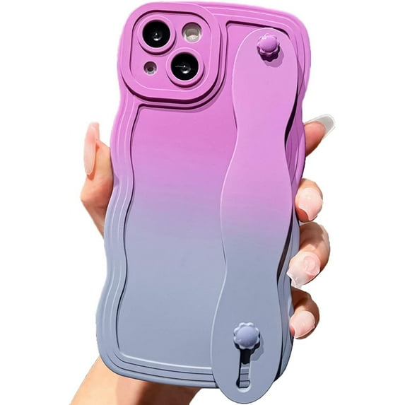 for iPhone 13 Pro Max Case with Strap Cute Curly Wave Frame Shape Kawaii Gradient Color Kickstand Phone Case for Women Girls Slim Shockproof Soft Full Camera Protective Cover, 6.7"-Purple Grey