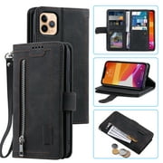 iPhone 13 Pro Max Case, TECHCIRCLE Zipper 9 Card Slots Wallet Cover Flip Kickstand Magnetic PU Leather Shockproof Case with Pocket/Strap for Apple iPhone 13 Pro Max 6.7 2021, Black