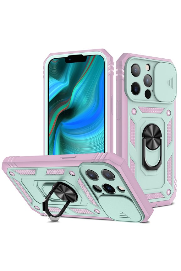 iPhone 13 Pro Max Case, Techcircle Slim Heavy Duty Rugged Hybird Shockproof Anti-Slip Magnetic Ring Stand Slide Len Protective Phone Case for Apple iPhone 13 Pro Max, F