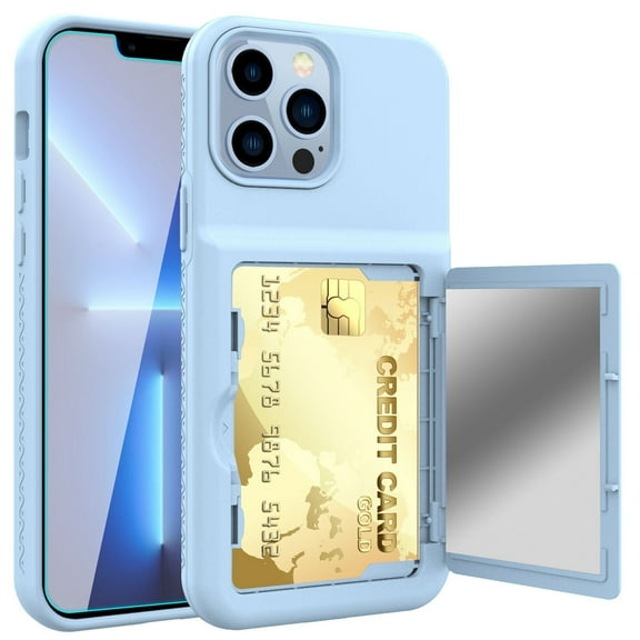 iPhone 13 Pro Max Case with Tempered Glass Screen Protector, Dteck Wallet Case Credit Card Holder & Hidden Mirror, Heavy Duty Shockproof Protective Case for iPhone 13 Pro Max, Blue