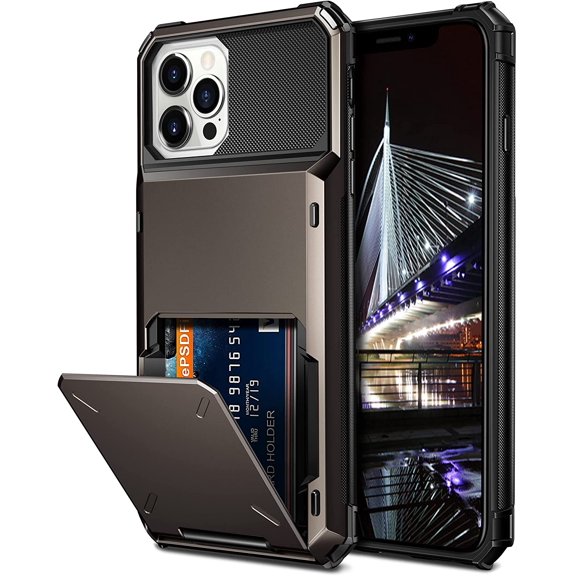 for iPhone 13 Pro Max Case Wallet 4-Card Holder ID Slot Flip Door Hidden Pocket Anti-Scratch Dual Layer Hybrid TPU Bumper Protective Hard Shell Back Cover for iPhone 13 Pro Max Gun Metal