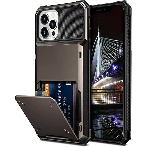 for iPhone 13 Pro Max Case Wallet 4-Card Holder ID Slot Flip Door Hidden Pocket Anti-Scratch Dual Layer Hybrid TPU Bumper Protective Hard Shell Back Cover for iPhone 13 Pro Max Gun Metal
