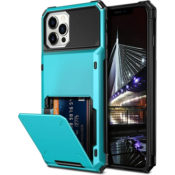 for iPhone 13 Pro Max Case Wallet 4-Card Holder ID Slot Flip Door Hidden Pocket Men Women Anti-Scratch Dual Layer Hybrid TPU Bumper Armor Protective Hard Shell Back Cover 5G Sky Blue