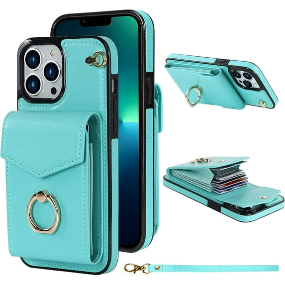 for iPhone 13 Pro Max Case Wallet, Card Holder Kickstand Mental Ring Leather for iPhone 13 Pro Max Case, Card Slot iPhone 13 Pro Max Case for Girls Women + 1* Sling Lanyard -Blue