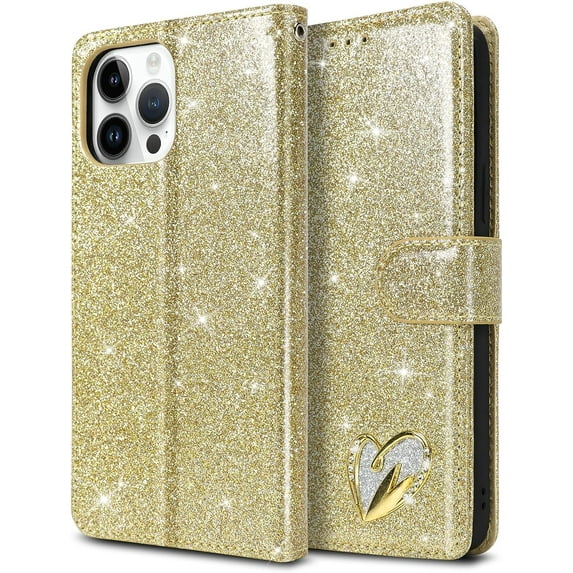 for iPhone 13 Pro Max Case Wallet, Card Holder Leather Luxury Cute Pattern Love Heart + Screen Protector, Card Slot iPhone 13 Pro Max Case, Shockproof Protection for Gilrs Women -Gold