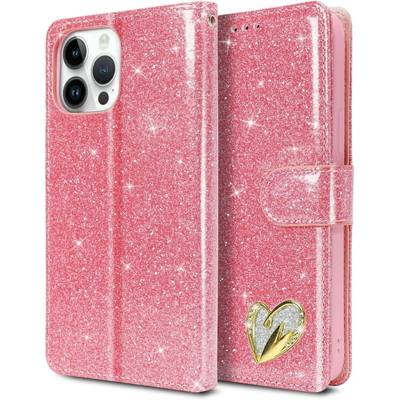 for iPhone 13 Pro Max Case Wallet, Card Holder Leather Luxury Cute Pattern Love Heart + Screen Protector, Card Slot iPhone 13 Pro Max Case, Shockproof Protection for Gilrs Women -Pink