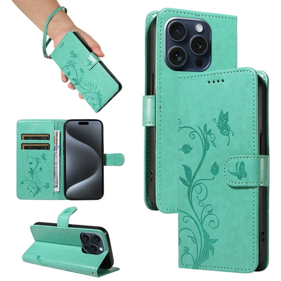 iPhone 13 Pro Max Case Wallet with Cards Holder,Allytech Stylish Butterfly Embossed Shockproof Protective Flip Stand Cover for Girls Women Hand Wrist Wallet Case for Apple iPhone 13 Pro Max - Green
