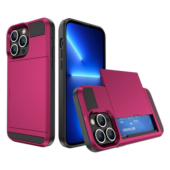 for iPhone 13 Pro Max Case Wallet Credit Card Holder ID Slot Sliding Door Hidden Pocket Men Anti-Scratch Dual Layer Hybrid Bumper Armor Protective Shell Back Cover For iPhone 13 Pro Max, Rose