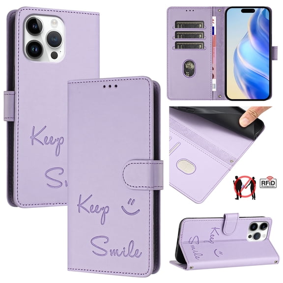 for iPhone 13 Pro Max Case Wallet with RFID Blocking Card Holder, Shoulder Strap & Wrist Strap, Smile Pattern PU Leather Magnetic Clasp Flip Wallet Phone Case for iPhone 13 Pro Max, Purple