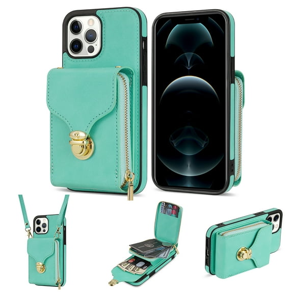for iPhone 13 Pro Max Case Wallet with Shoulder Strap for Women - Crossbody Lanyard,Zipper Pocket,Credit Card Holder,Shockproof - Metal Buckle Closure Premium PU Leather Case, Mint