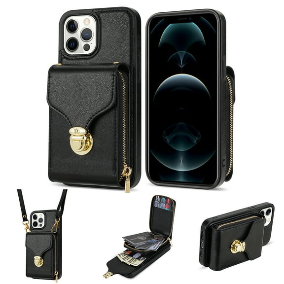 for iPhone 13 Pro Max Case Wallet with Shoulder Strap for Women - Crossbody Lanyard,Zipper Pocket,Credit Card Holder,Shockproof - Metal Buckle Closure Premium PU Leather Case, Black