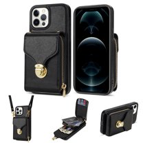 for iPhone 13 Pro Max Case Wallet with Shoulder Strap for Women - Crossbody Lanyard,Zipper Pocket,Credit Card Holder,Shockproof - Metal Buckle Closure Premium PU Leather Case, Black