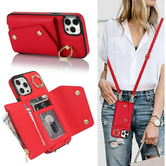 for iPhone 13 Pro Max Case Wallet with Strap for Women,Crossbody Lanyard and Wristlet Strap,Zipper Pocket,Credit Card Holder,Ring Stand,RFID Blocking Phone Wallet Case(6.7 inch,Red)
