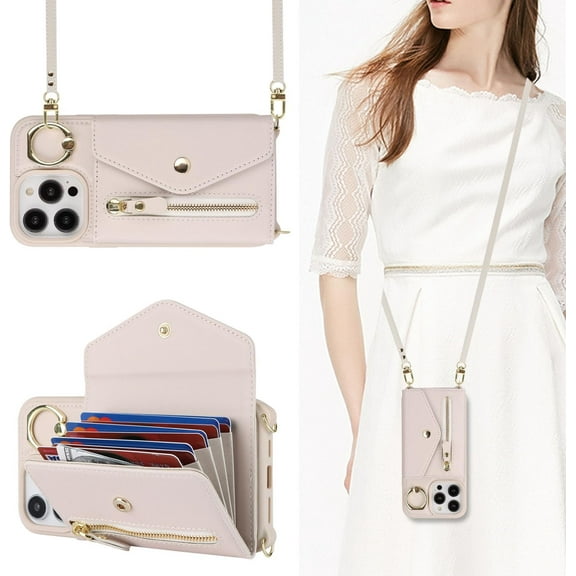 for iPhone 13 Pro Max Case Wallet with Strap for Women,Crossbody Lanyard,Zipper Pocket,Credit Card Holder,Ring Stand,RFID Blocking Phone Wallet Case for iPhone 13 Pro Max (6.7 inch,Beige)