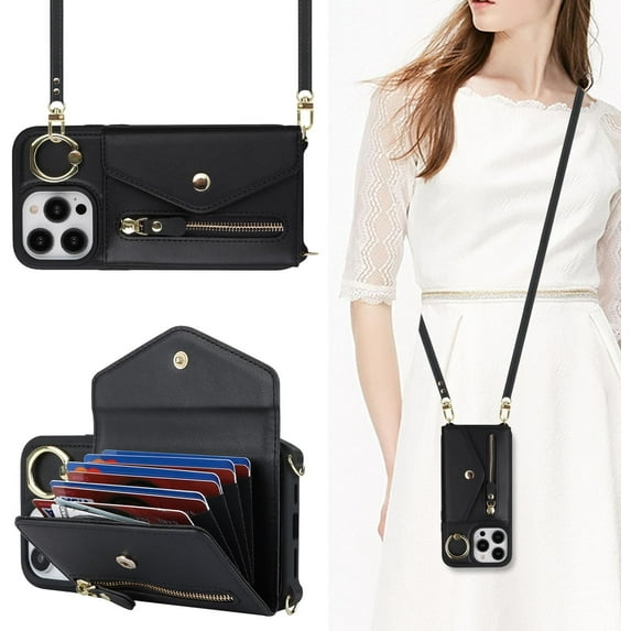 iPhone 13 Pro Max Case Wallet with Strap for Women,Crossbody Lanyard,Zipper Pocket,Credit Card Holder,Ring Stand,RFID Blocking Phone Wallet Case for iPhone 13 Pro Max (6.7 inch,Black)