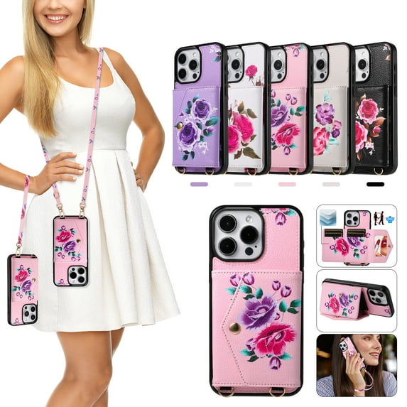 iPhone 13 Pro Max Case Wallet for Women Girls, Floral Case with Cards Holder & Makeup Mirror Hand Wrist Crossybody Shoulder Strap RFID Blocking Purse Cover Case for Apple iPhone 13 Pro Max,Pink
