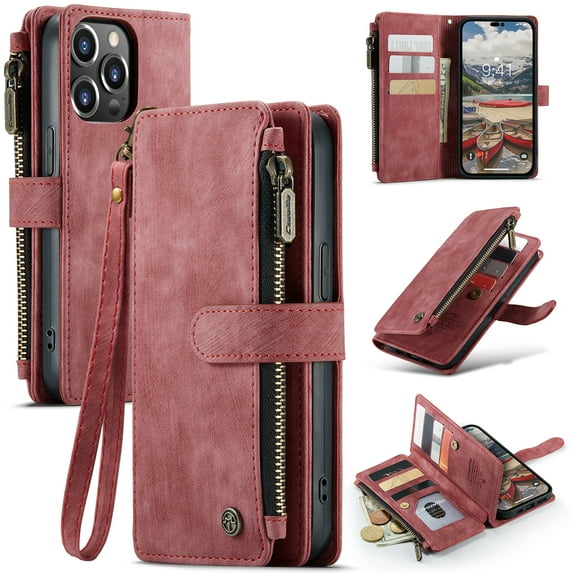 for iPhone 13 Pro Max Case Wallet for Women and Men, iPhone 13 Pro Max Case, PU Leather Magnetic Flip Strap Wristlet Zipper Card Holder Wallet Business Phone Cover for iPhone 13 Pro Max, Red