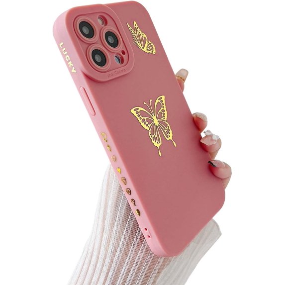 for iPhone 13 Pro Max Case for Women Girls Cute, Gold Plated Butterflies Soft Shockproof, Full Camera Lens Protective Phone Cases for iPhone 13 Pro Max 6.7 inch- Pink