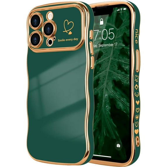 for iPhone 13 Pro Max Case for Women Girls, Cute Wave Frame Curly Shape with Love Heart Raised Camera Protection Cover Luxury Plating Shockproof Phone Case for iPhone 13 Pro Max, Dark Green