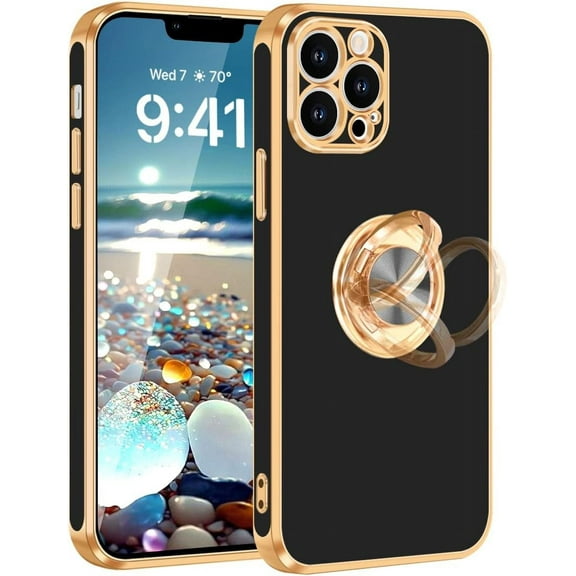 iPhone 13 Pro Max Case,iPhone 13 Pro Max Phone Case with Ring Stand Holder,360°Rotatable Magnetic Kickstand Shiny Plating Gold Edge Slim Soft TPU Shockproof Protective Case for Women Men,Black