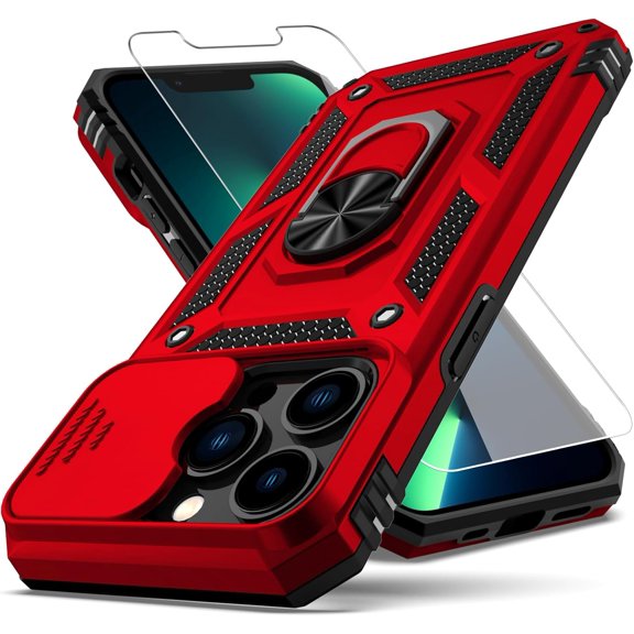 for iPhone 13 Pro Max Case,with Camera Lens Cover HD Screen Protector,[Military Grade] Ring Car Mount Kickstand Hybrid Hard PC Soft TPU Shockproof Protective Case for iPhone 13 Pro Max, Red