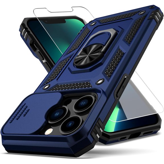 for iPhone 13 Pro Max Case,with Camera Lens Cover HD Screen Protector,[Military Grade] Ring Car Mount Kickstand Hybrid Hard PC Soft TPU Shockproof Protective Case for iPhone 13 Pro Max, Blue