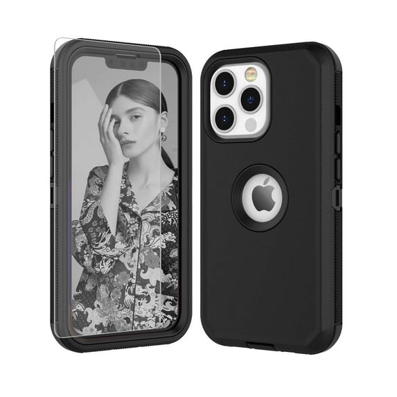 iPhone 13 Pro Max Cases, Njjex Heavy Duty Shockproof Protective Case for iPhone 13 Pro Max (6.7 Inch) with Tempered Glass Screen Protector - Black