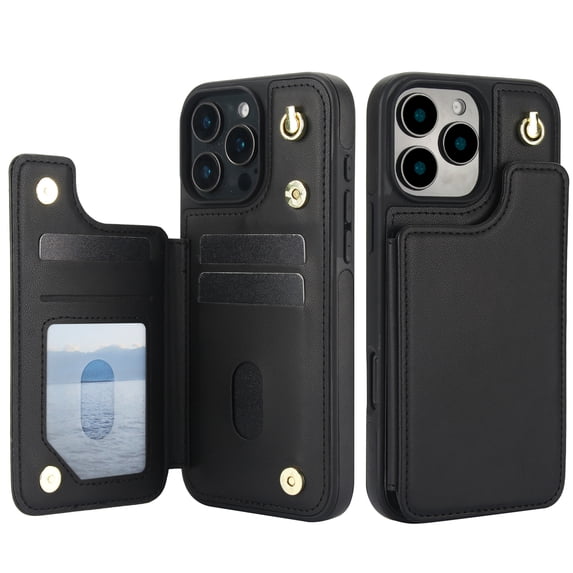 For iPhone 13 Pro Max Crossbody Wallet Phone Case,With Shoulder Strap,Card Slots,Back Double Magnetic Clasp PU Leather Flip Kickstand,Durable Shockproof Anti-fall Phone Case Cover,Black