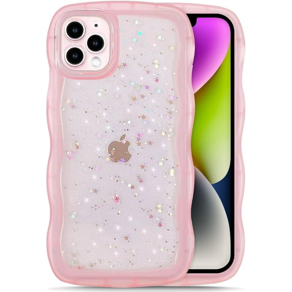 for iPhone 13 Pro Max - Curly Wave Edge Design, Transparent Bling Glitter Star Shiny Case, Cute Pink Clear Full Protection Soft TPU Shockproof Phone Cover for Women and Girls (Pink)