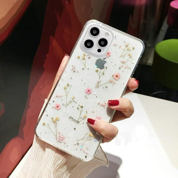 iPhone 13 Pro Max Flower Case,Clear Soft Flexible Rubber Pressed Dry Real Flowers Case Women Girls Glitter Floral Cover for iPhone 13 Pro Max -Pink