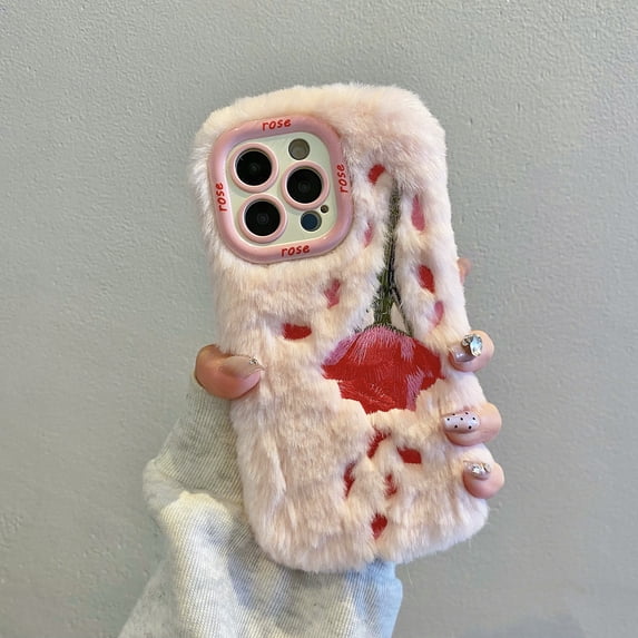 for iPhone 13 Pro Max Fluffy Phone Case, Fluffy Fuzzy Furry Warm Plush Rose Petal Embroidery Fluffy Furry Winter Fur Shockproof Phone Case,WIth Kickstand, Compatible with iPhone 13 Pro Max,Pink