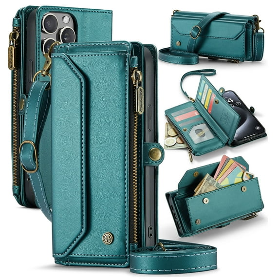 for iPhone 13 Pro Max Full Body Protection Wallet Folio Flip Case, Shoulder Strap & Wristlet Card Slots Zipper Pocket RFID Blocking Rugged Durable PU Leather Phone Case Cover, Green