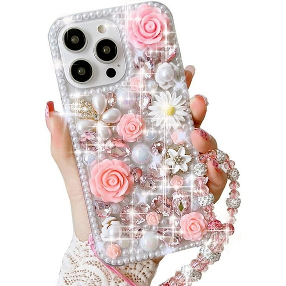 for iPhone 13 Pro Max Glitter Bling Case, Cute Luxury 3D Crystal Rhinestone Flowers Diamond Pearl with Wrist Strap Bracelet Chain Women Girls Case Cover for iPhone 13 Pro Max 6.7Inch (Pink)