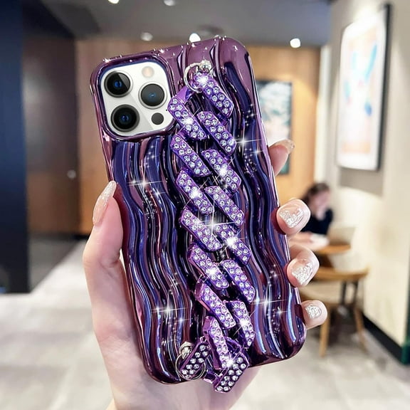 for iPhone 13 Pro Max Glitter Case Luxury Bling Rhinestones Wrist Strap Water Ripple Pattern Cute Girly Sparkle Shiny Diamond Chain Bracelet Soft TPU Shockproof Cover for Women Girls, Purple