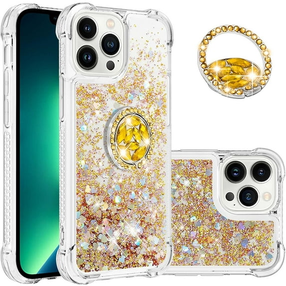 for iPhone 13 Pro Max Glitter Case with Ring Holder,Bling Sparkle Floating Liquid Soft TPU Cushion Fashion Girly Women Girls Cute Case Cover for iPhone 13 Pro Max Gold