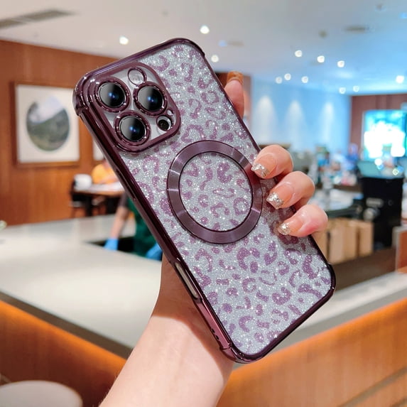 for iPhone 13 Pro Max Glitter Magnetic Case, Compatible with Mag-Safe, Leopard Pattern Sparkle Paper Plating Bumper Clear Phone Cover Shockproof Non-Yellowing Case for iPhone 13 Pro Max, Darkpurple