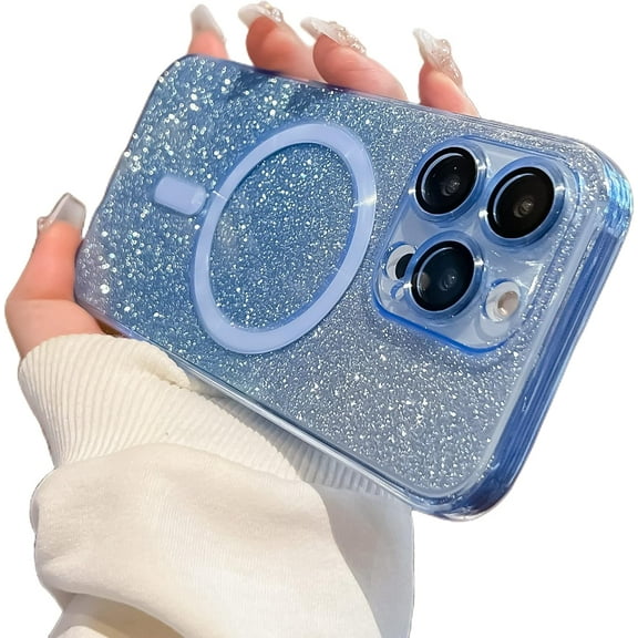 for iPhone 13 Pro Max Glitter Magnetic Case Compatible with MagSafe,Gradient Sparkle Bling Clear Case with Camera Lens Protector Slim Phone Case for Women Girls (Blue)