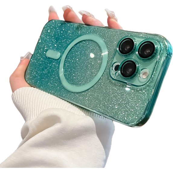 for iPhone 13 Pro Max Glitter Magnetic Case Compatible with MagSafe,Gradient Sparkle Bling Clear Case with Camera Lens Protector Slim Phone Case for Women Girls (Green)