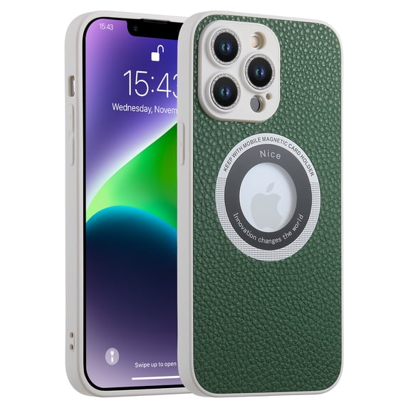 for iPhone 13 Pro Max, Luxury Compatible with MagSafe Slim PU Leather Camera Lens Protector Bling Sparkle Lens Shockproof Case Logo Visible Design for Women Girls For iPhone 13 Pro Max, Green